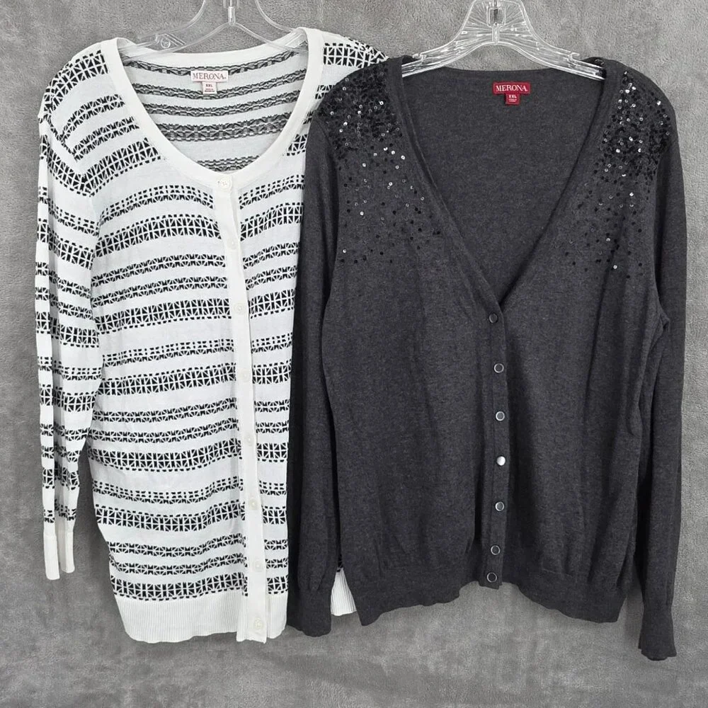 Merona Cardigan Sweater Bundle XXL Black White Grey Stripe Bling Button Up Knit